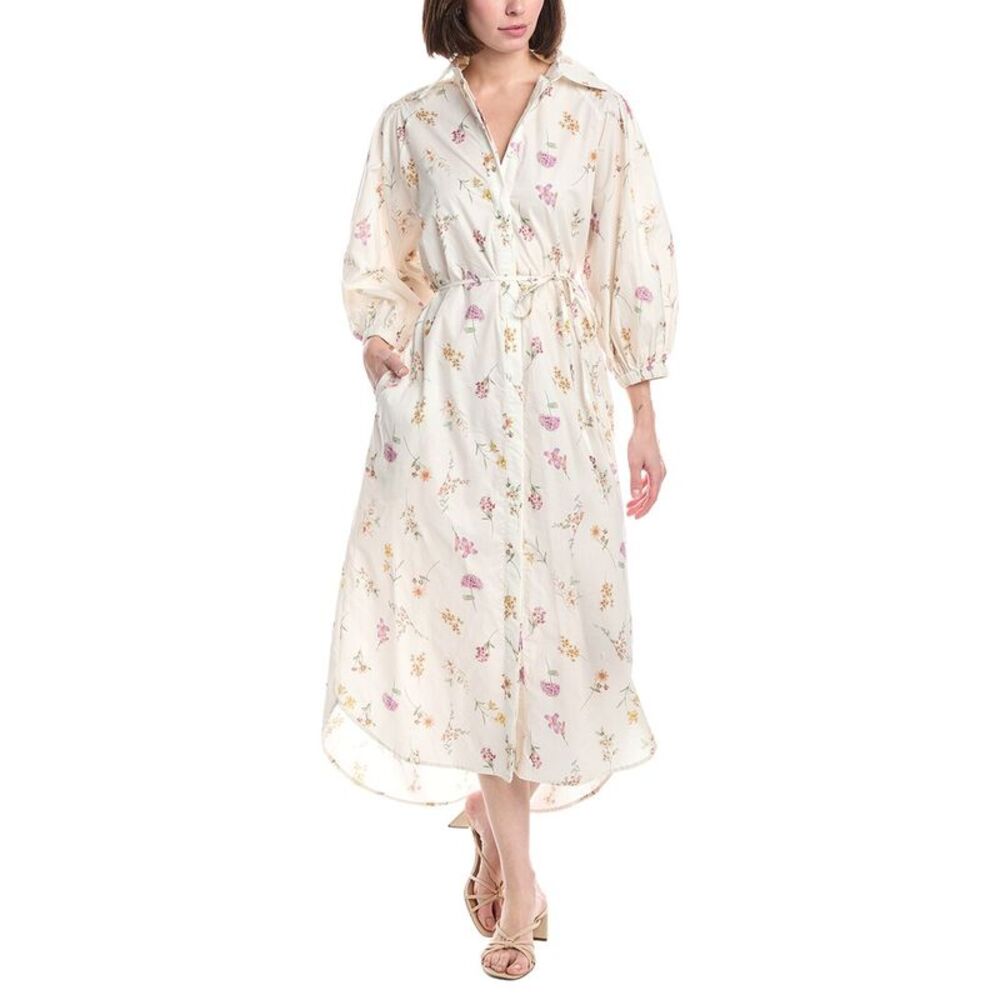 Beulah Womens  Contrast Floral Print Belted Maxi Shirtdress, Ivory